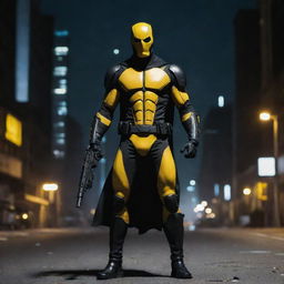 Superhero warrior equipped with a yellow and black gun, standing confidently on the desolate dystopian city streets under the night sky.