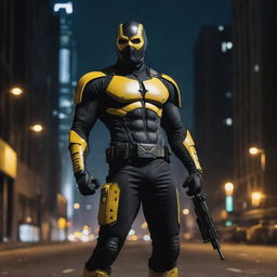 Superhero warrior equipped with a yellow and black gun, standing confidently on the desolate dystopian city streets under the night sky.