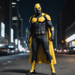 Superhero warrior equipped with a yellow and black gun, standing confidently on the desolate dystopian city streets under the night sky.