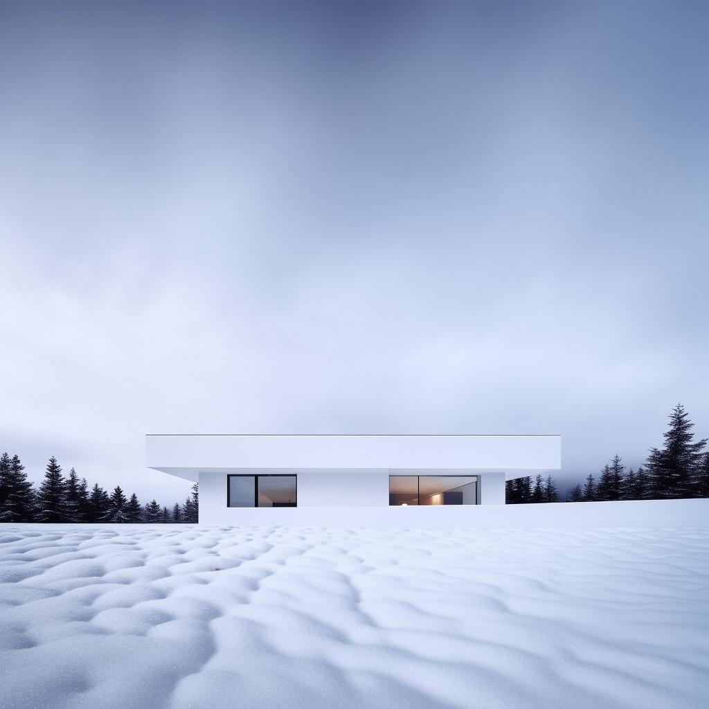 A modern, all-white house with sleek lines and minimalist design, nestled amidst a serene snowy landscape, overlayed with a strong Instagram filter to enhance its aesthetics.