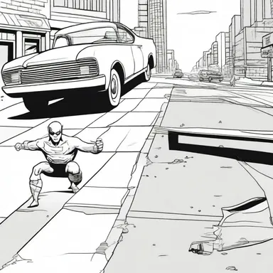 In the comic strip, the superhero accidentally rear-ends a parked car while chasing the villain.