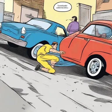 In the comic strip, the superhero accidentally rear-ends a parked car while chasing the villain.