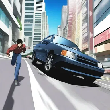 In the intense anime series, the protagonist narrowly avoids a collision as the enemy's vehicle attempts to rear-end them during a high-speed chase.