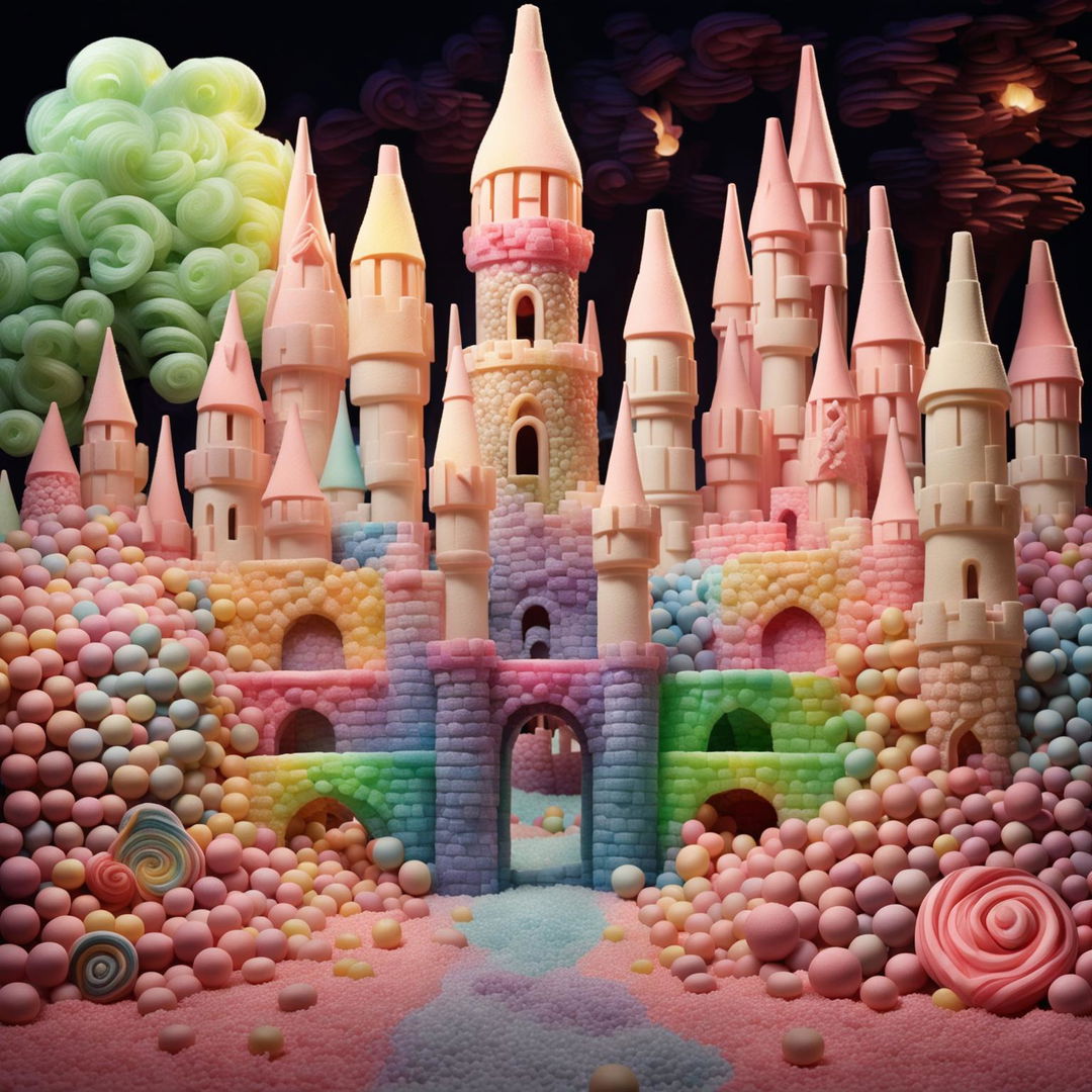 A vibrant fairytale castle made entirely of jellybeans stands in a forest of candy floss trees under a marshmallow cloud sky.