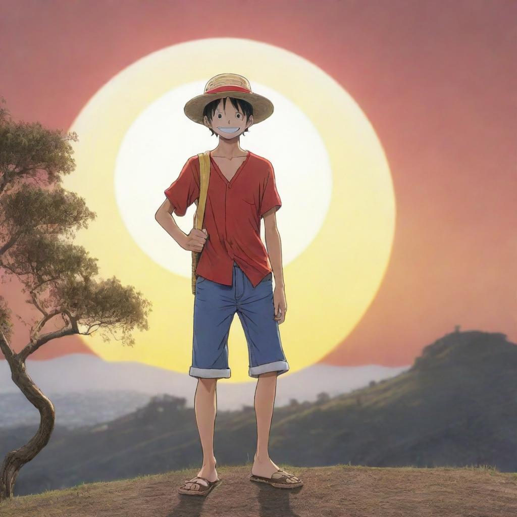 Anime-style representation of Monkey D Luffy from One Piece standing by a bare tree on a hill, with a big sun setting in the background. He is wearing and holding his straw hat, offering a warm smile to the viewer.