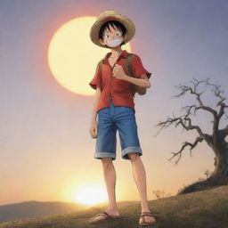 Anime-style representation of Monkey D Luffy from One Piece standing by a bare tree on a hill, with a big sun setting in the background. He is wearing and holding his straw hat, offering a warm smile to the viewer.