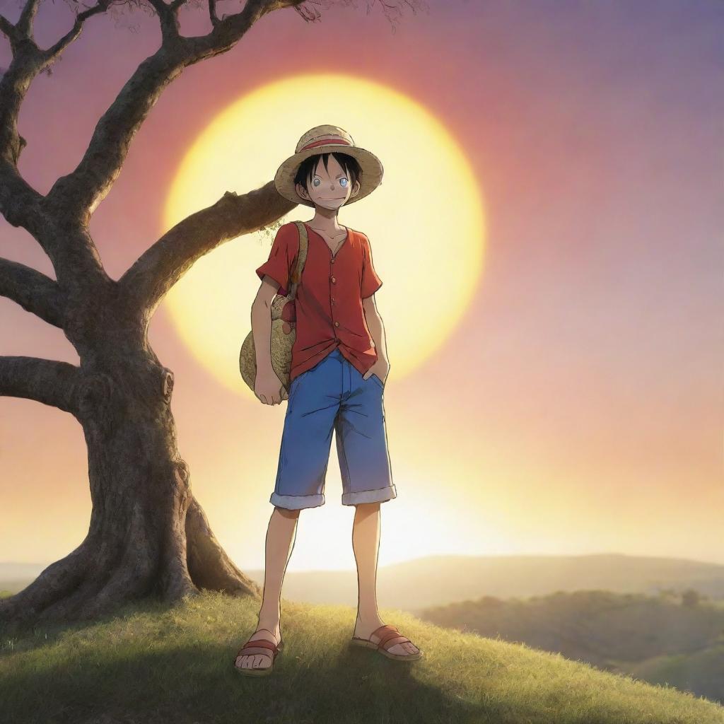 Anime-style representation of Monkey D Luffy from One Piece standing by a bare tree on a hill, with a big sun setting in the background. He is wearing and holding his straw hat, offering a warm smile to the viewer.