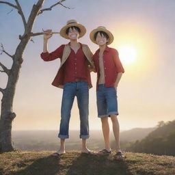 Anime-style representation of Monkey D Luffy from One Piece standing by a bare tree on a hill, with a big sun setting in the background. He is wearing and holding his straw hat, offering a warm smile to the viewer.