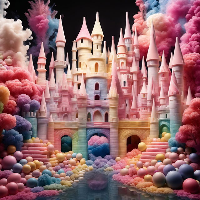 A vibrant fairytale castle made entirely of jellybeans stands in a forest of candy floss trees under a technicolor smoke sky.