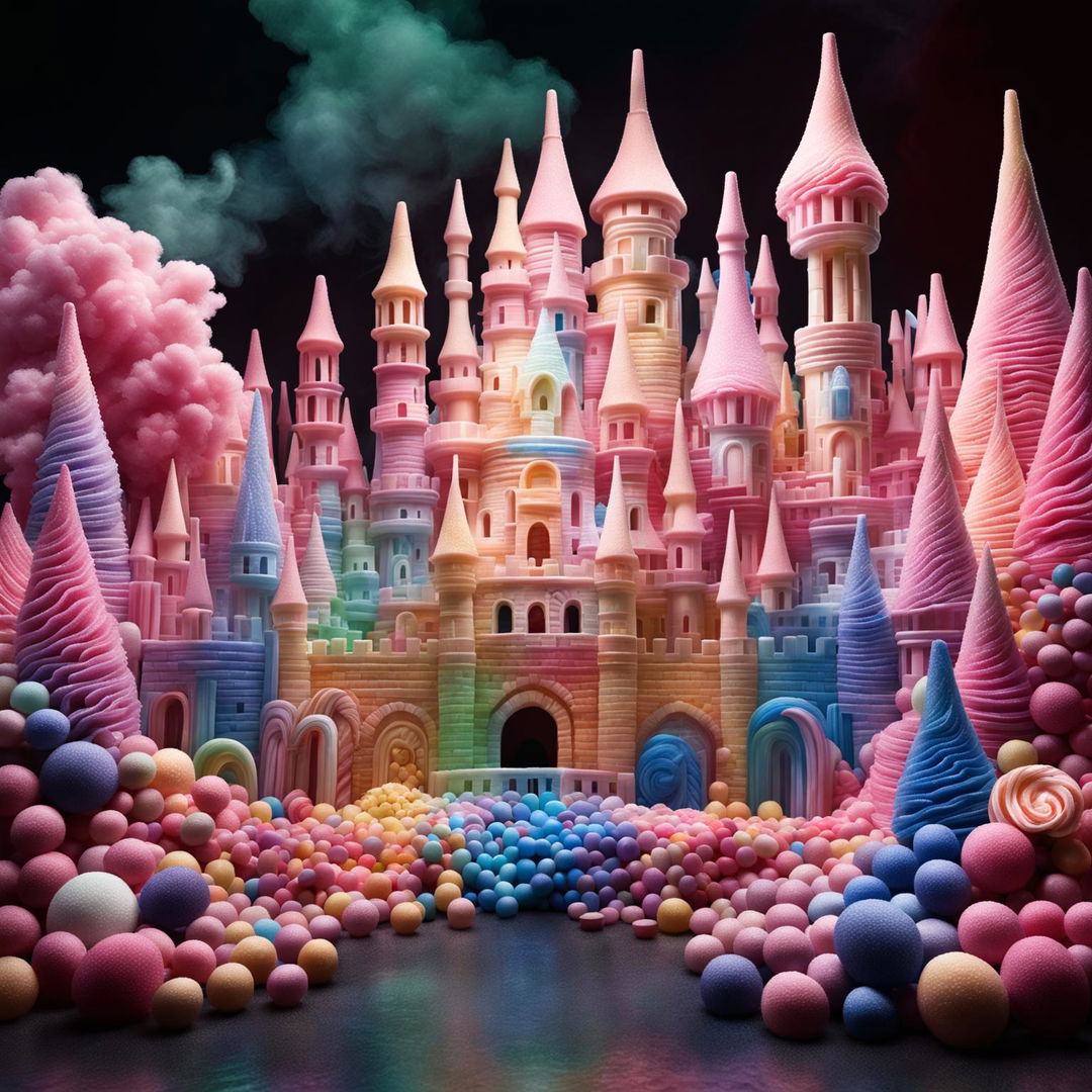 An extremely vibrant and detailed candy dreamland with a jellybean castle in a candy floss forest.