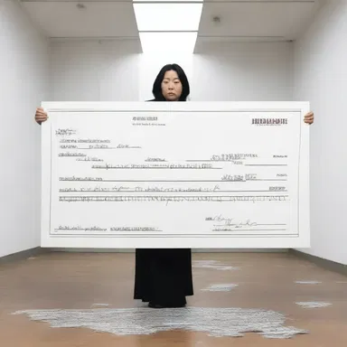 The artist incorporated a bad cheque into her installation as a symbol of deception and the negative consequences of greed.