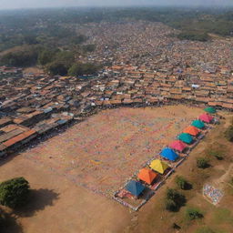 A traditional Indian village during Sankranti festival, decorated with vibrant and intricate rangoli designs. Sky is filled with colourful kites soaring high.