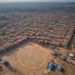 A traditional Indian village during Sankranti festival, decorated with vibrant and intricate rangoli designs. Sky is filled with colourful kites soaring high.