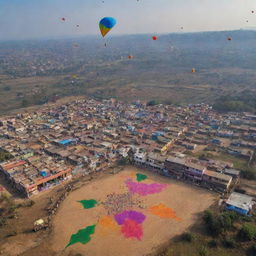 A traditional Indian village during Sankranti festival, decorated with vibrant and intricate rangoli designs. Sky is filled with colourful kites soaring high.