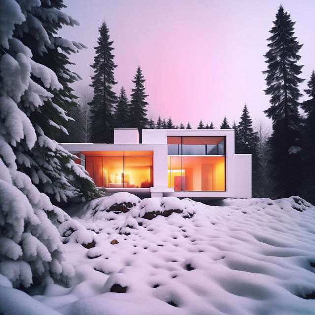 A modern all-white house in a snowy landscape, viewed through a hyper-stylized Instagram lens; heavy vintage filters, exaggerated colors, intense vignetting, and superfluous light leaks, encapsulating the ultimate Instagram aesthetic.