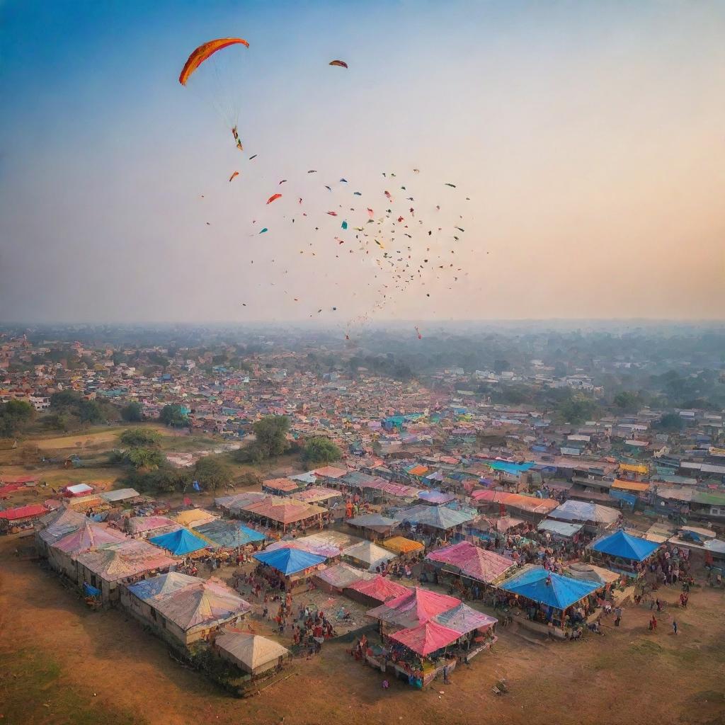 A traditional Indian village during Sankranti festival, decorated with vibrant and intricate rangoli designs. Sky is filled with colourful kites soaring high.