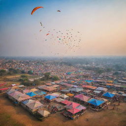 A traditional Indian village during Sankranti festival, decorated with vibrant and intricate rangoli designs. Sky is filled with colourful kites soaring high.