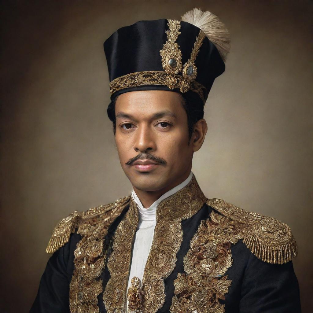 A dignified portrait of Prince Diponegoro, a key figure in Indonesian history, dressed in traditional Javanese attire, radiating determination and patriotism.