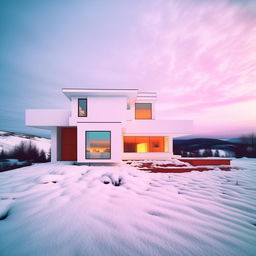 A modern all-white house in a snowy landscape, viewed through a hyper-stylized Instagram lens; heavy vintage filters, exaggerated colors, intense vignetting, and superfluous light leaks, encapsulating the ultimate Instagram aesthetic.