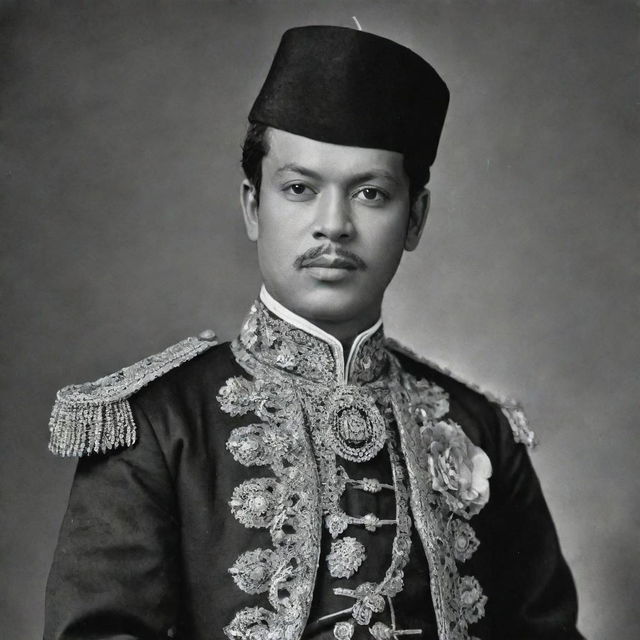 A dignified portrait of Prince Diponegoro, a key figure in Indonesian history, dressed in traditional Javanese attire, radiating determination and patriotism.