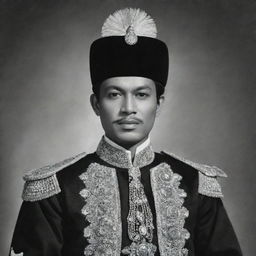 A dignified portrait of Prince Diponegoro, a key figure in Indonesian history, dressed in traditional Javanese attire, radiating determination and patriotism.