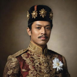 A dignified portrait of Prince Diponegoro, a key figure in Indonesian history, dressed in traditional Javanese attire, radiating determination and patriotism.