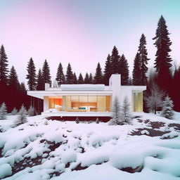 A modern all-white house in a snowy landscape, viewed through a hyper-stylized Instagram lens; heavy vintage filters, exaggerated colors, intense vignetting, and superfluous light leaks, encapsulating the ultimate Instagram aesthetic.