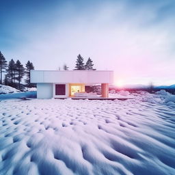 A modern all-white house in a snowy landscape, viewed through a hyper-stylized Instagram lens; heavy vintage filters, exaggerated colors, intense vignetting, and superfluous light leaks, encapsulating the ultimate Instagram aesthetic.