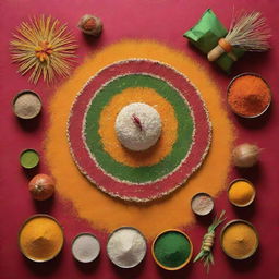 An image which captures the essence of the Indian festivals Pongal, Makar Sankranti, and Gudi Padwa with their iconic symbols and vibrant colors