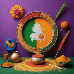 An image which captures the essence of the Indian festivals Pongal, Makar Sankranti, and Gudi Padwa with their iconic symbols and vibrant colors