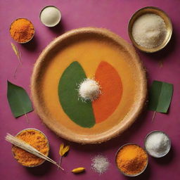 An image which captures the essence of the Indian festivals Pongal, Makar Sankranti, and Gudi Padwa with their iconic symbols and vibrant colors