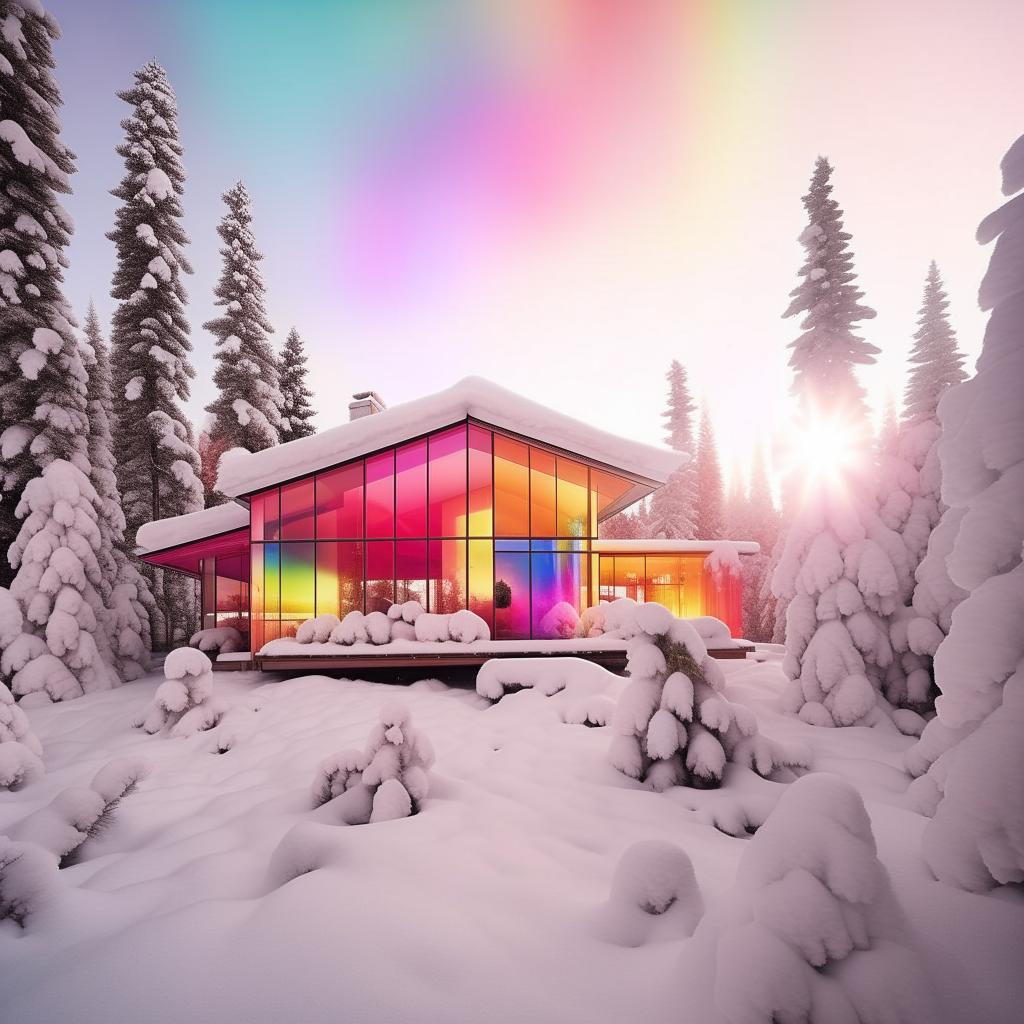 An ultra-exaggerated Instagram interpretation of a modern, all-white house set in a snowy landscape, saturated with outrageous amounts of rainbow-hued filters, ludicrous lens flares, comically intense vignettes, ludicrous bokeh effects - embodying the most extreme Instagram aesthetic.