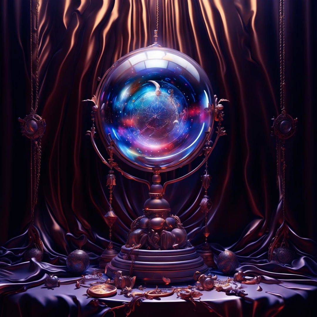 A crystal ball with swirling mists sits next to a pile of detailed gold coins against a dark velvet background.