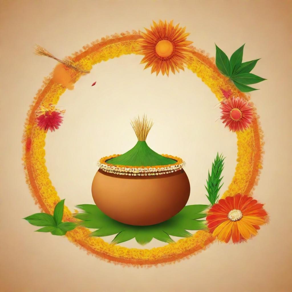 An image displaying a harmonious blend of the Indian festivals Pongal, Makar Sankranti, and Gudi Padwa into a single unified theme, maintaining their unique symbols and traditions