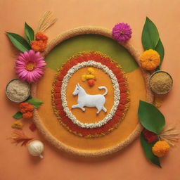 An image displaying a harmonious blend of the Indian festivals Pongal, Makar Sankranti, and Gudi Padwa into a single unified theme, maintaining their unique symbols and traditions