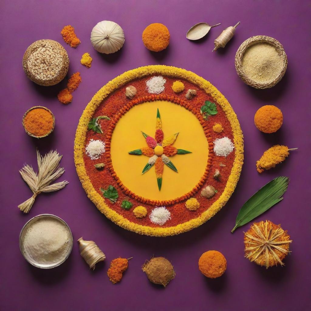 An image displaying a harmonious blend of the Indian festivals Pongal, Makar Sankranti, and Gudi Padwa into a single unified theme, maintaining their unique symbols and traditions