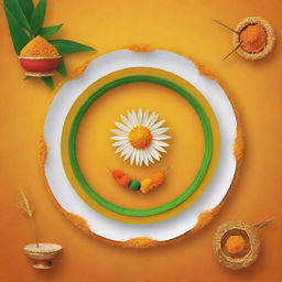 An image displaying a harmonious blend of the Indian festivals Pongal, Makar Sankranti, and Gudi Padwa into a single unified theme, maintaining their unique symbols and traditions