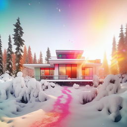 An ultra-exaggerated Instagram interpretation of a modern, all-white house set in a snowy landscape, saturated with outrageous amounts of rainbow-hued filters, ludicrous lens flares, comically intense vignettes, ludicrous bokeh effects - embodying the most extreme Instagram aesthetic.