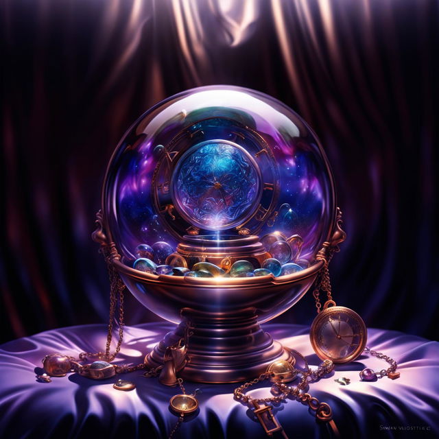 A crystal ball with swirling mists, a pile of detailed gold coins, a sparkling diamond, and an antique pocket watch against a dark velvet background.