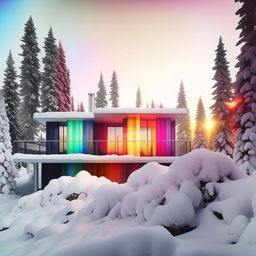 An ultra-exaggerated Instagram interpretation of a modern, all-white house set in a snowy landscape, saturated with outrageous amounts of rainbow-hued filters, ludicrous lens flares, comically intense vignettes, ludicrous bokeh effects - embodying the most extreme Instagram aesthetic.