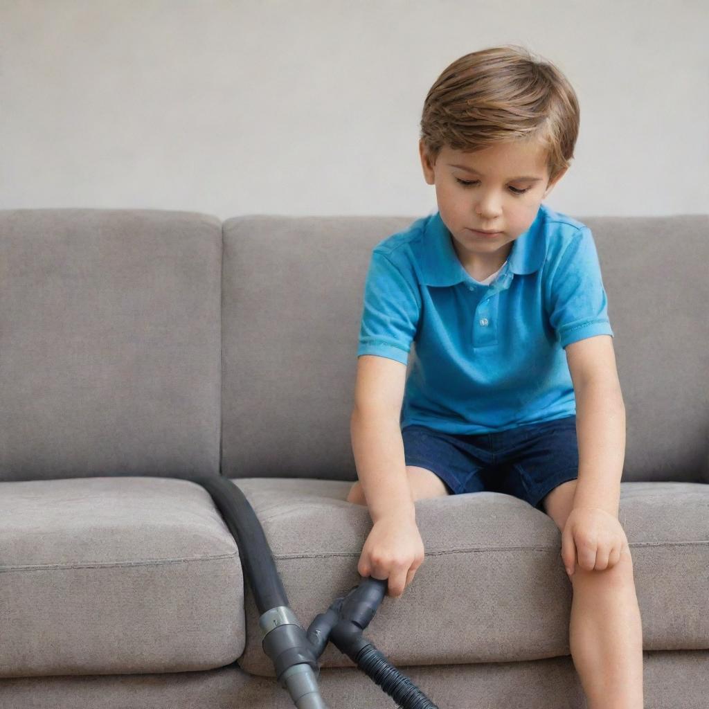 A realistic and detailed image of a young boy diligently cleaning a sofa with a vacuum cleaner.