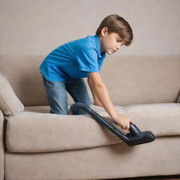 A realistic and detailed image of a young boy diligently cleaning a sofa with a vacuum cleaner.