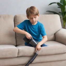 A realistic and detailed image of a young boy diligently cleaning a sofa with a vacuum cleaner.