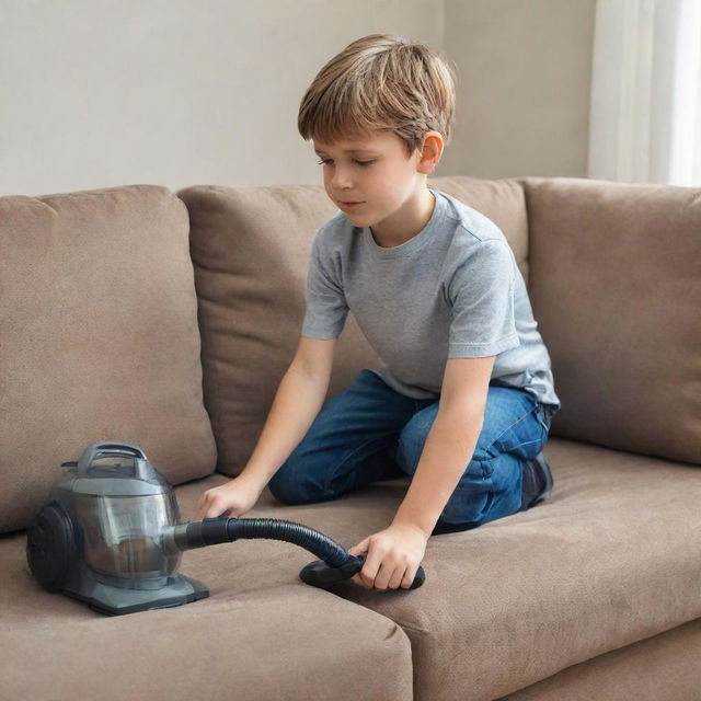 A realistic and detailed image of a young boy diligently cleaning a sofa with a vacuum cleaner.