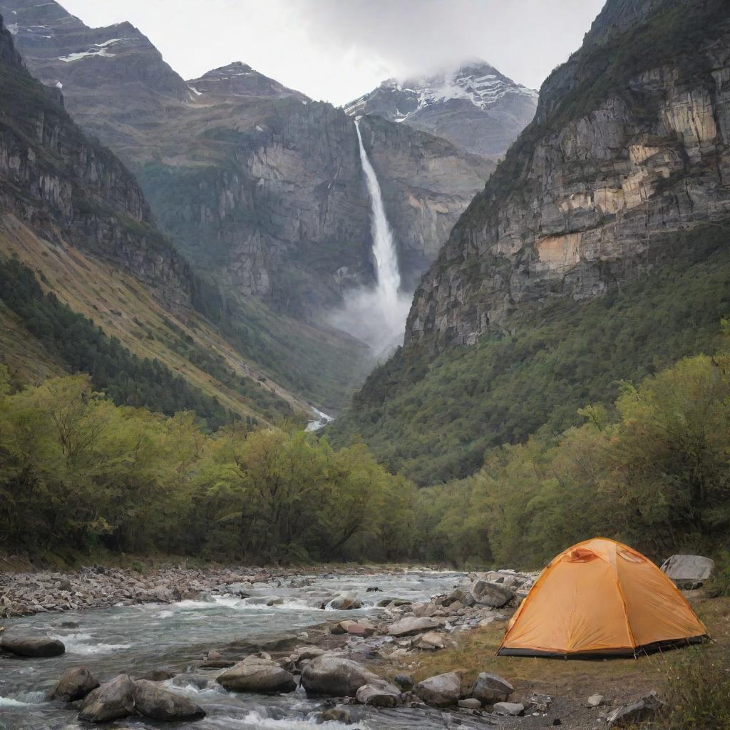 An exploratory tent nestled in a valley, surrounded by majestic mountains and a cascading river fall.