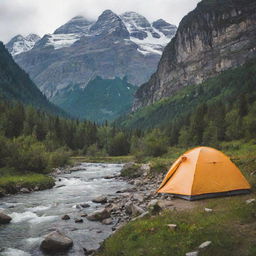 An exploratory tent nestled in a valley, surrounded by majestic mountains and a cascading river fall.