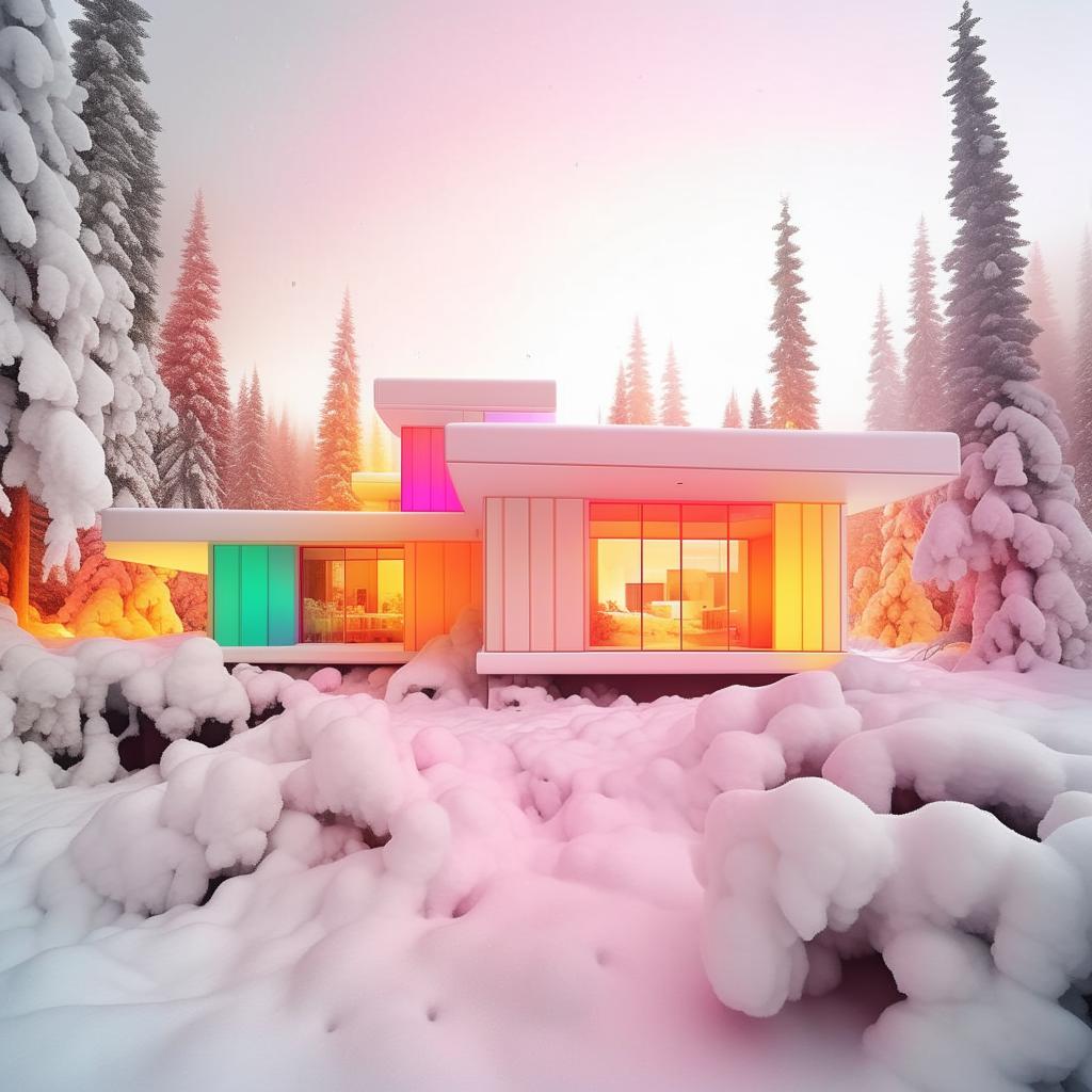 An ultra-exaggerated Instagram interpretation of a modern, all-white house set in a snowy landscape, saturated with outrageous amounts of rainbow-hued filters, ludicrous lens flares, comically intense vignettes, ludicrous bokeh effects - embodying the most extreme Instagram aesthetic.