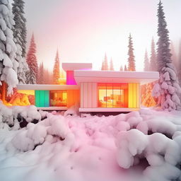 An ultra-exaggerated Instagram interpretation of a modern, all-white house set in a snowy landscape, saturated with outrageous amounts of rainbow-hued filters, ludicrous lens flares, comically intense vignettes, ludicrous bokeh effects - embodying the most extreme Instagram aesthetic.