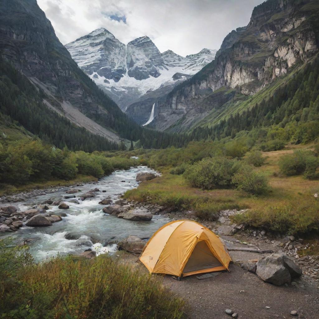 An exploratory tent nestled in a valley, surrounded by majestic mountains and a cascading river fall.