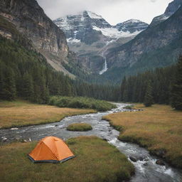 An exploratory tent nestled in a valley, surrounded by majestic mountains and a cascading river fall.